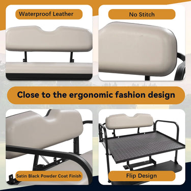Yamaha Drive Stone golf cart rear flip seat kit by Rainier Parts, durable and designed for golfers, shown installed on golf cart.