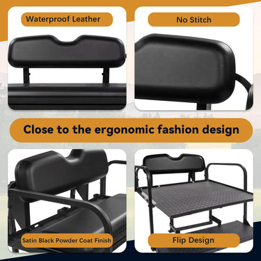 Rainier Parts EZGO RXV black golf cart flip seat kit showing durable, stylish rear seat with comfortable padding and secure attachment.