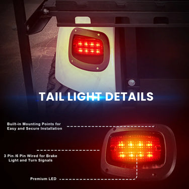 Rainier Parts EZ GO TXT golf cart LED light kit with high/low beam, brake pads, suitable for 12-48V golf carts.