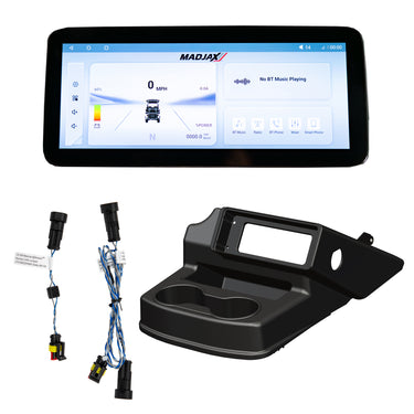 MadJax Kinect display screen kit for EZGO RXV golf cart showing the screen and control components with eco battery and Navitas TAC2 controller