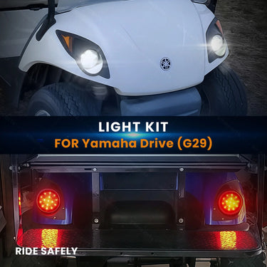 Close-up view of the YAMAHA Drive LED Hi-Low Beam Deluxe Light Kit with Brake Pads 12-48 volt highlighting the LED lights and brake pads.