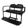 Yamaha Drive black golf cart rear flip seat kit by Rainier Parts, showing durable, comfortable seating with fold-down feature.
