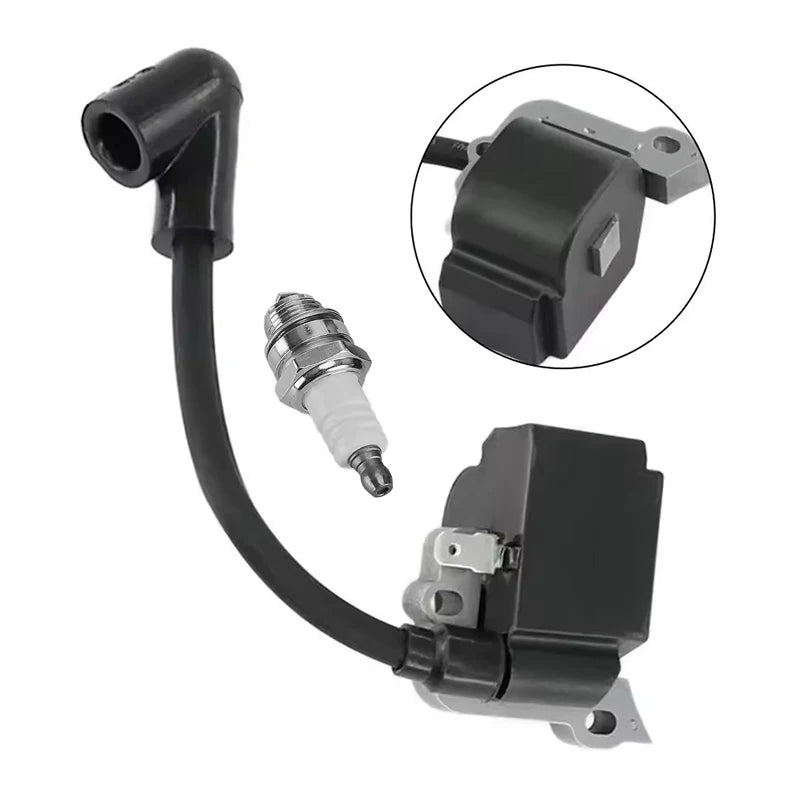Rainier Parts ignition coil for STIHL FS38, FS45, FS55, HL45, HS45, KM55 trimmers, with compatible spark plug, close-up view