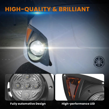 Rainier Parts Yamaha Drive golf cart LED light kit with hi/low beams and brake pads, suitable for 12-48 volt golf carts.