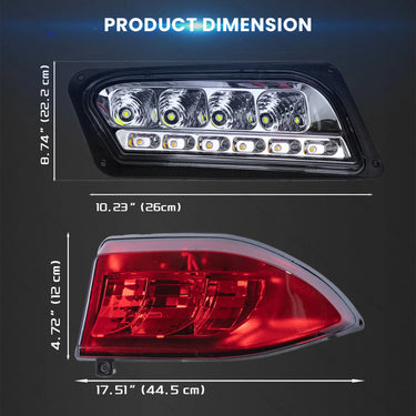 Rainier Parts Club Car Tempo LED light kit with high low beams and brake pad for 12V to 48V golf carts.