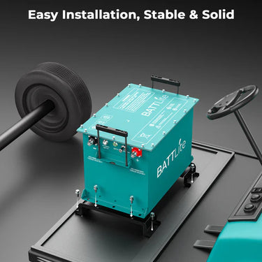BATTLite Lithium Battery Conversion Kit for EZGO RXV by RoyPow, featuring 51.2V 100Ah and Bluetooth monitoring capabilities.