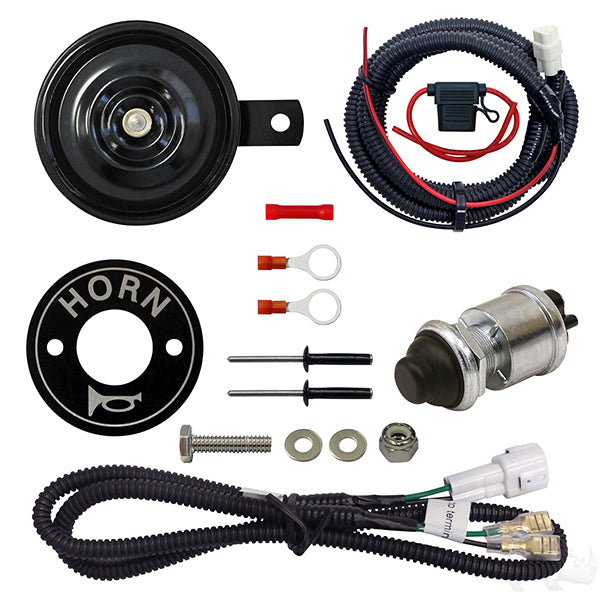 Redhawk complete horn kit with harness, featuring black and chrome horns ready for installation.