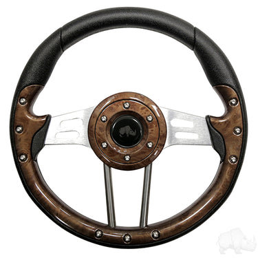 Redhawk RHOX Aviator 4 woodgrain steering wheel with brushed aluminum spokes, 13-inch diameter, showcasing the detailed grip and finish.