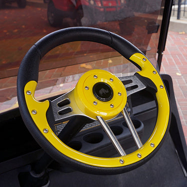 RHOX Aviator 4 Steering Wheel By Red Hawk 13 Inch Yellow Grip Brushed Aluminum Spokes For Car Enthusiasts - Rainier Parts