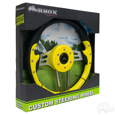 RHOX Aviator 4 Steering Wheel By Red Hawk 13 Inch Yellow Grip Brushed Aluminum Spokes For Car Enthusiasts - Rainier Parts