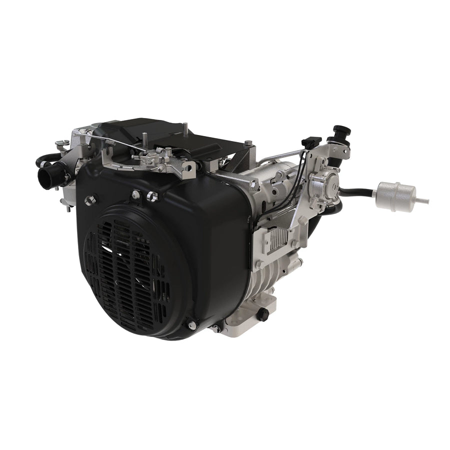 John Deere Kawasaki gasoline engine assembly AUC22787 with detailed components and metallic finish, shown from a side view.