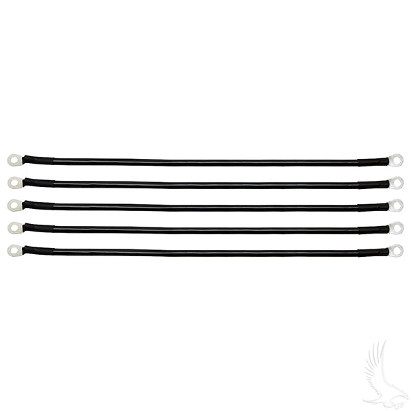 Set of five 18-inch Black Redhawk 4-gauge battery cables for automotive use, featuring sturdy black insulation.