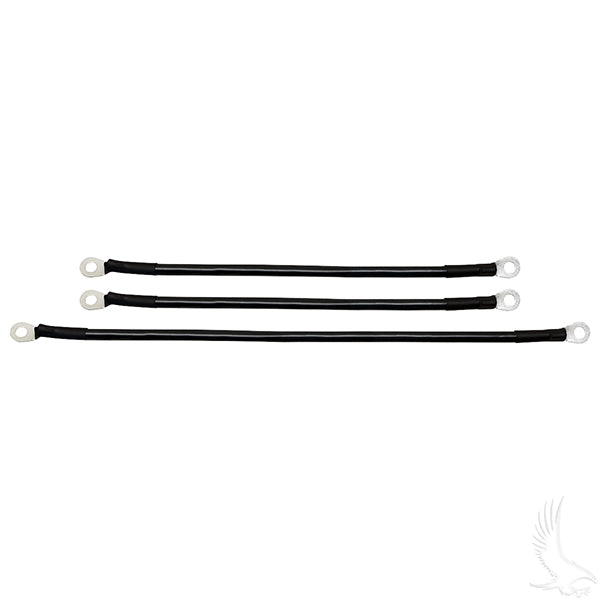 Redhawk 4-gauge battery cable set with one 16-inch and two 12-inch cables for 12V Yamaha Drive batteries.