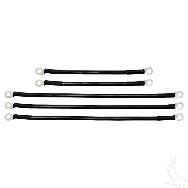 Redhawk Yamaha G19 battery cable set with two 9-inch and three 14-inch 4-gauge cables for reliable power connection.