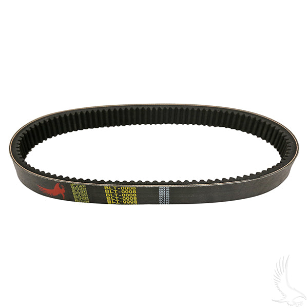 Redhawk drive belt for Yamaha G1 2-cycle gas golf cart, model 78-89, showing the black rubber belt with detailed texture.