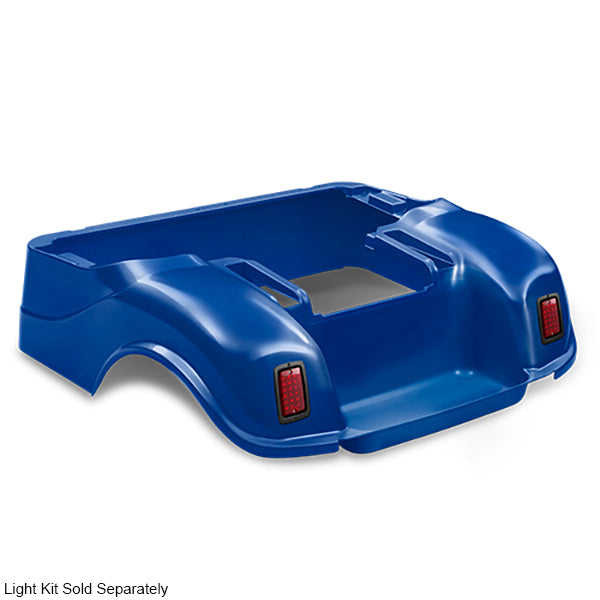Blue Redhawk DoubleTake rear body for E-Z-Go TXT 96+ golf carts, shown on a golf cart in this image.
