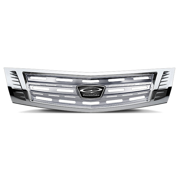 Redhawk DoubleTake grille in chrome with slotted design for E-Z-Go RXV 08-22 and Yamaha Drive2 golf carts, visible in the image.