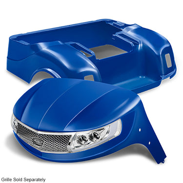 Redhawk DoubleTake Phoenix body kit with blue finish and street legal LED lights installed on E-Z-Go TXT 96+ golf cart.