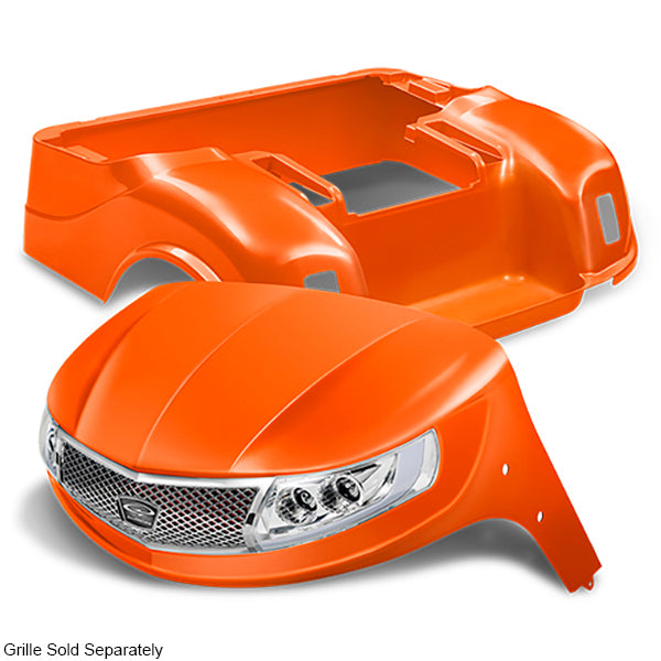 Redhawk DoubleTake Phoenix body kit with street legal light kit on an E-Z-Go TXT 96+ golf cart, orange color, front view