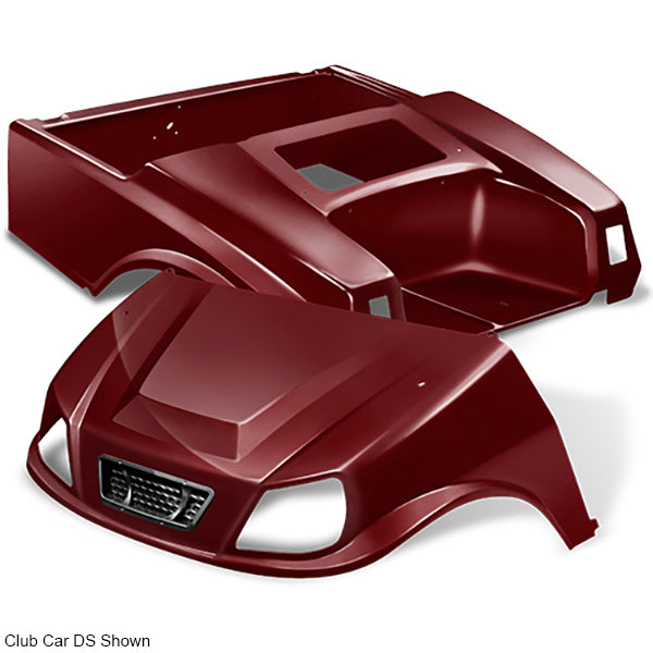 Redhawk DoubleTake Titan body kit with grille for E-Z-Go TXT 96+ in burgundy, showing the sleek body panels and front grille details.