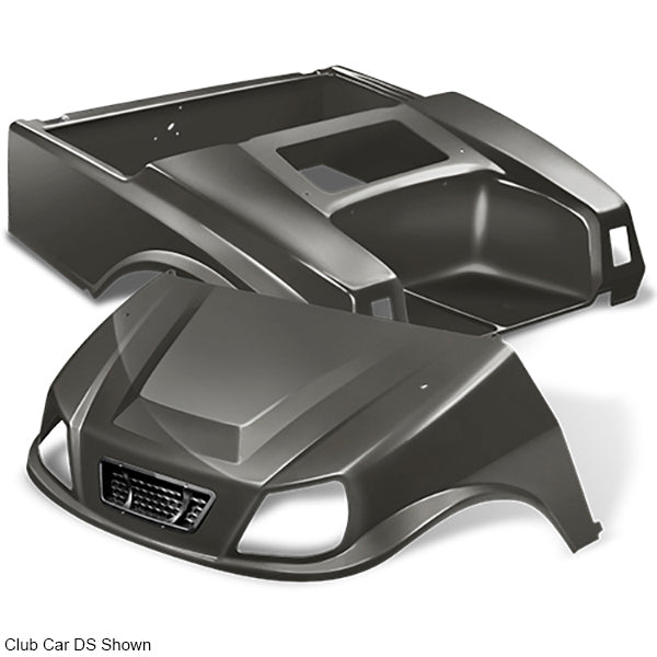 Redhawk DoubleTake Titan body kit with grille for E-Z-Go TXT 96+ in graphite finish, featuring sleek, durable design.