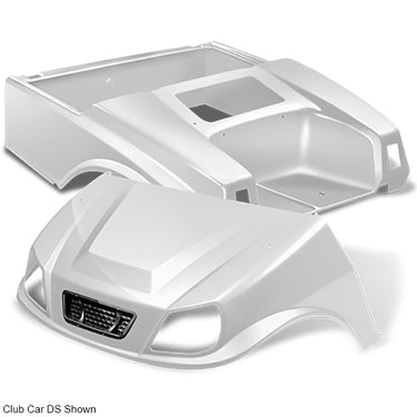 Redhawk DoubleTake Titan body kit with grille for E-Z-Go TXT 96+ in pearl finish, featuring sleek, custom motorcycle-style design.
