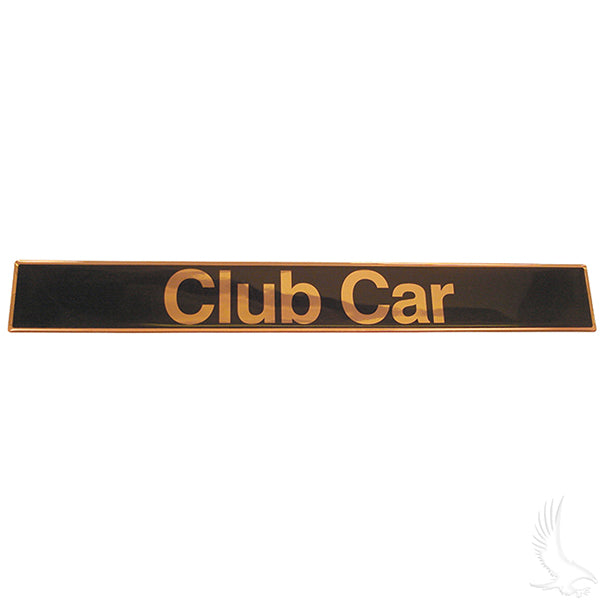 Black and gold name plate for Club Car DS 82+ golf cart, redhawk brand, with engraved club car design on a smooth surface.