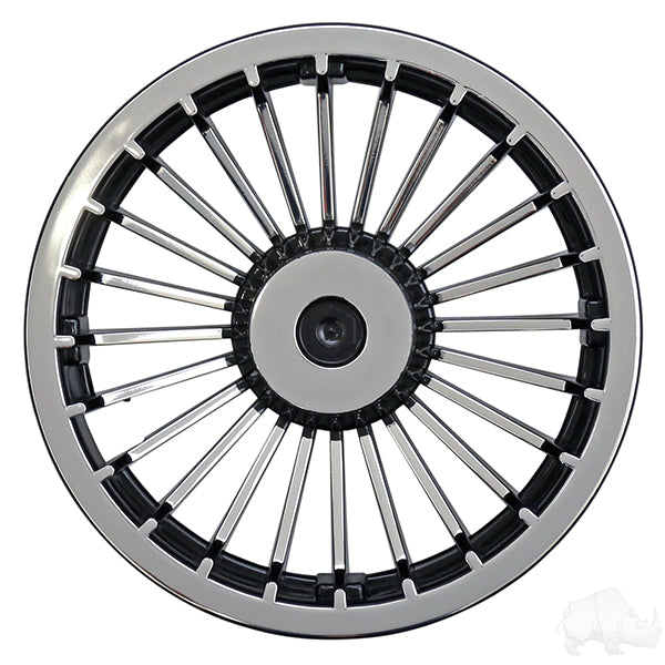 Black and silver 8-inch turbine wheel cover by Redhawk featuring a sleek, aerodynamic design for car wheels.
