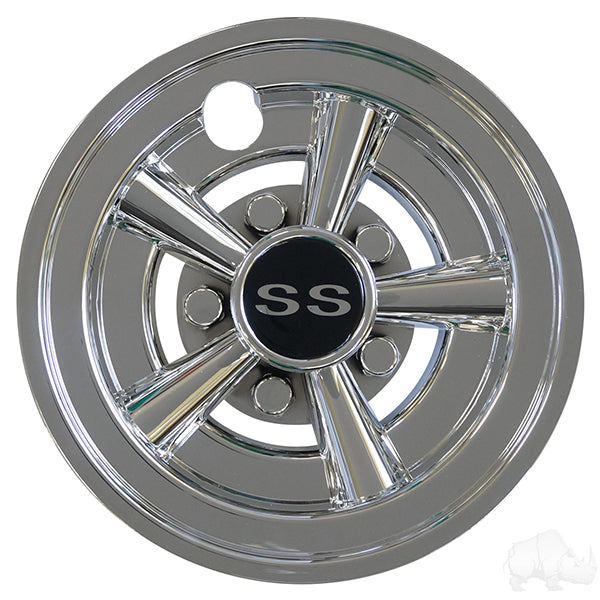 Chrome wheel cover for 8-inch wheels by Redhawk, featuring shiny stainless steel finish and sleek design.