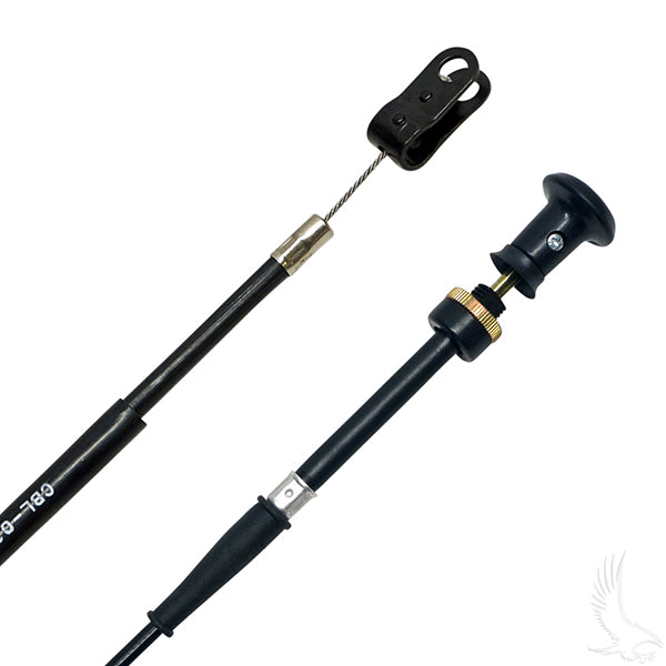 Redhawk dash mount choke cable, 87-inch length, suitable for Yamaha G2, G8, G9, and G11 golf carts, shown with connectors and mounting hardware.