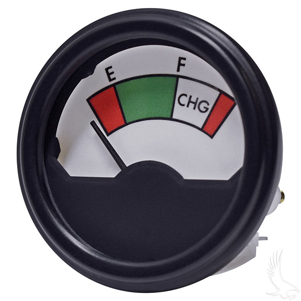 Redhawk 48V round analog charge meter showing voltage level with a dial and indicator needle on a white background.