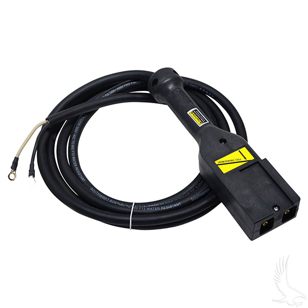 Redhawk PowerWise 9-foot DC power cord with E-Z-Go 48V notched industrial plug for electric golf carts and industrial equipment.