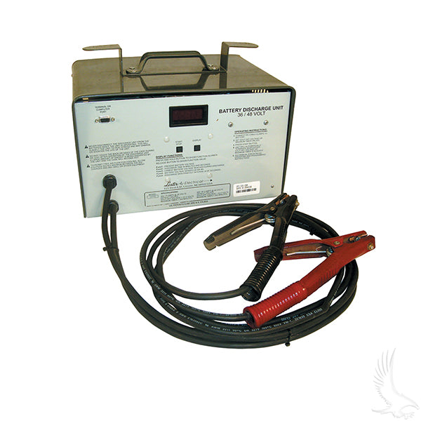 Redhawk discharge tester for 36V and 48V batteries, showing the device with digital display and testing probes.