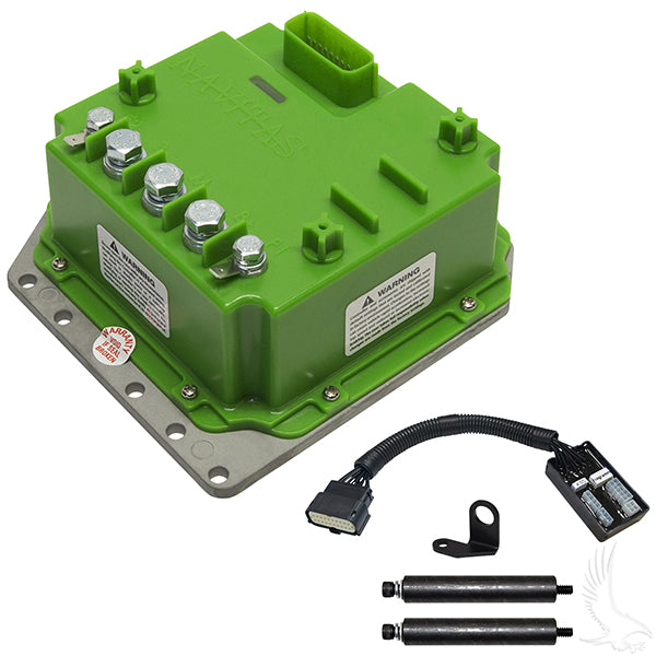 Redhawk Navitas 600A E-Z-Go PDS controller for golf carts, shown in a close-up of the black control unit with wiring connections.