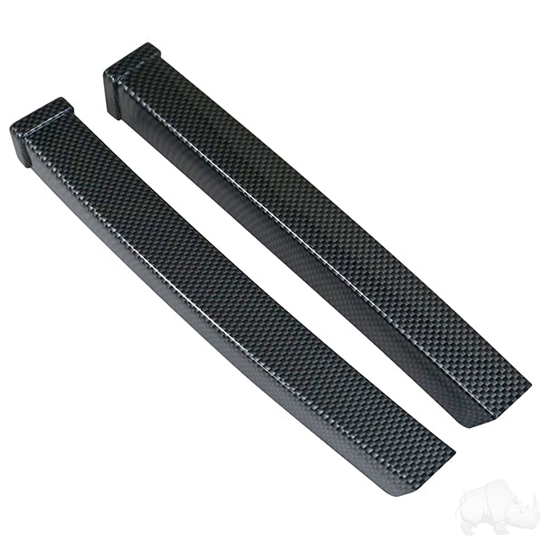 Redhawk set of 2 carbon fiber dash trims for E-Z-Go TXT 94-13 golf carts, showcasing sleek, textured surface on dashboard.