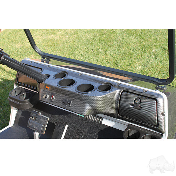 Redhawk carbon fiber 4-cup dash panel for Club Car DS golf carts, lightweight and durable dashboard accessory.