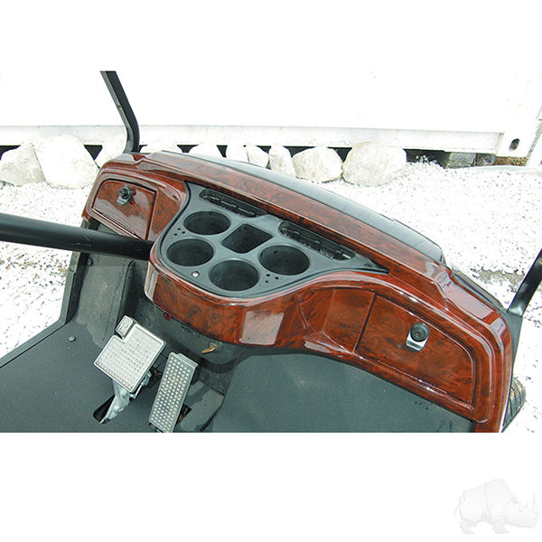 Dark woodgrain dash panel for Yamaha Drive golf carts, made by Redhawk, with a sleek, polished finish and visible woodgrain texture.