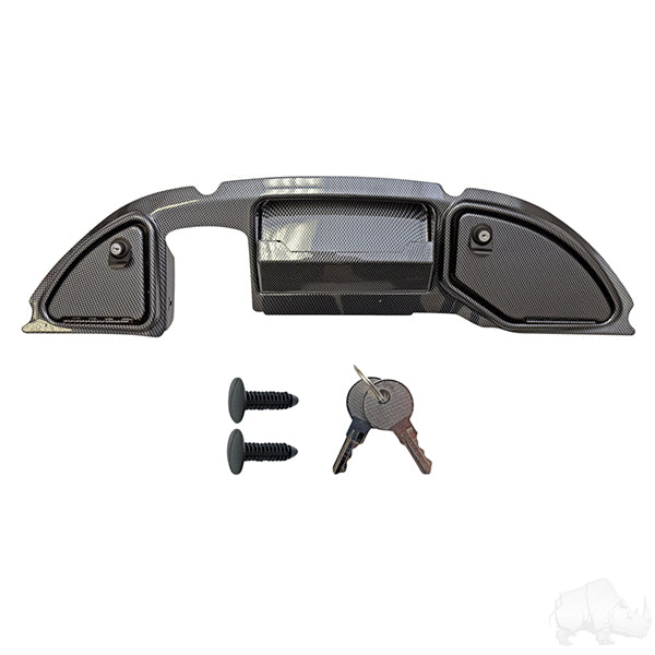 Redhawk carbon fiber dash for Club Car Tempo, Onward, and Precedent 08.5+ golf carts, showing sleek textured surface and fit details.