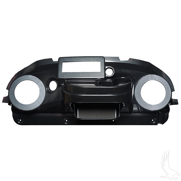 Redhawk Deluxe dash with radio and speaker cutout, carbon fiber finish for Club Car Tempo and Precedent golf carts.
