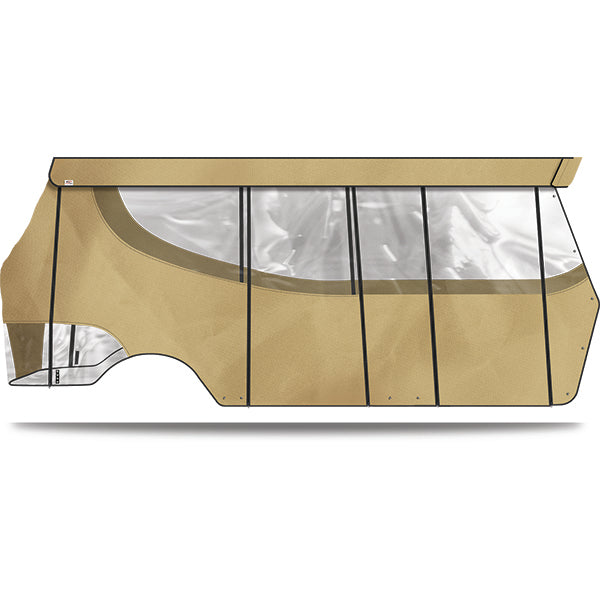 Redhawk DoubleTake enclosure and valance for 6-passenger Yamaha Drive golf cart in sand color, with clear view of the enclosure and fabric details.