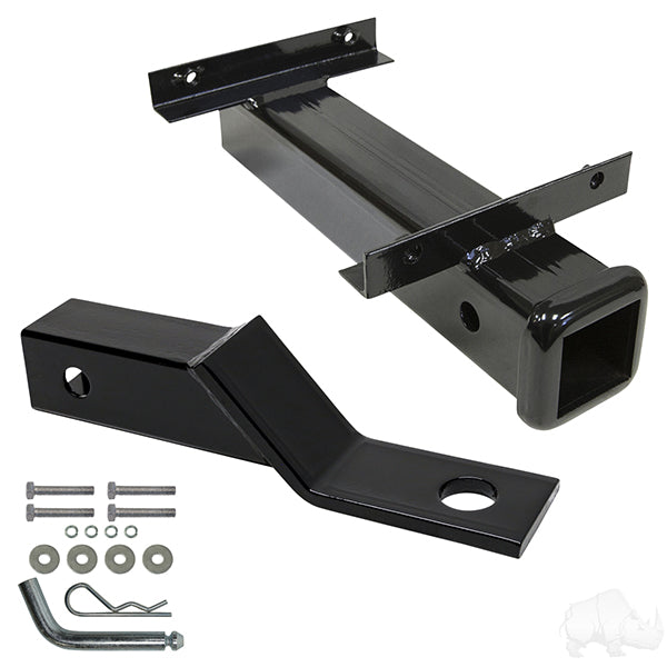 Redhawk RHOX Bumper Hitch rear seat kit for 100, 300, 400, 700, and 900 series golf carts, installed on a vehicle.