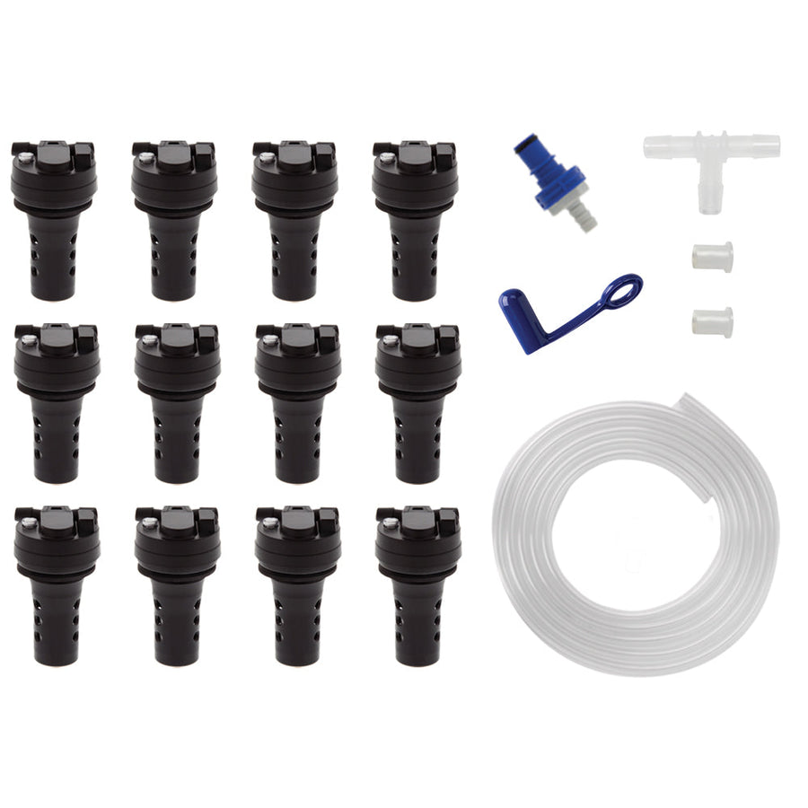 12-cell battery watering system with VB-TBU valves by Battery Watering Technologies, showing the valve assembly and connection points.