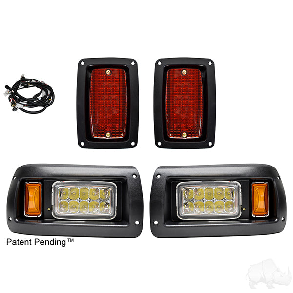 Redhawk RHOX LED adjustable light kit with plug-and-play harness installed on a Club Car DS 93+ golf cart, 12-48V compatible