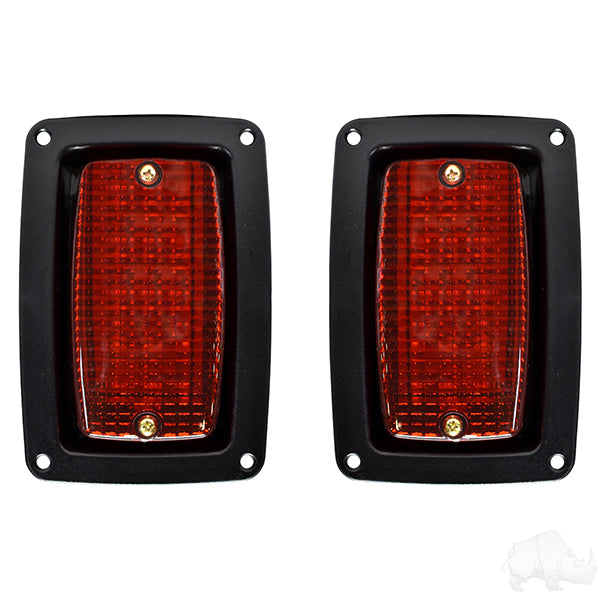 Redhawk LED taillights with bezels for Club Car DS and Yamaha G14-G22 golf carts, showing sleek design and bright illumination.