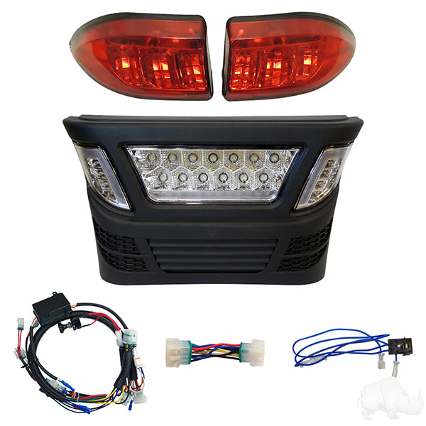 Redhawk RHOX LED light bar bumper kit with multi-color LEDs installed on a Club Car Precedent golf cart, showing vibrant lighting.