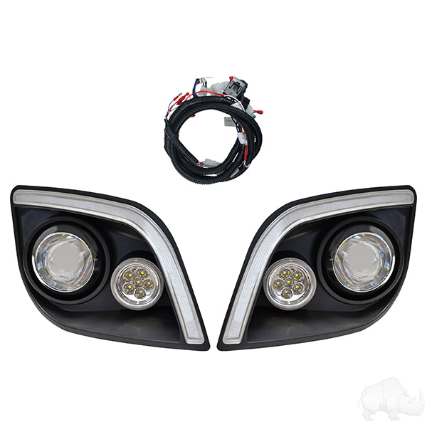 Redhawk RHOX LED head lights with RGBW accent lights and retrofit kit for E-Z-Go Express golf carts, shown installed on vehicle.