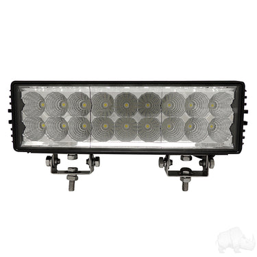 Redhawk 11-inch LED flood utility light bar showing multiple bright LED bulbs and sturdy mounting brackets for 12V-24V vehicles.