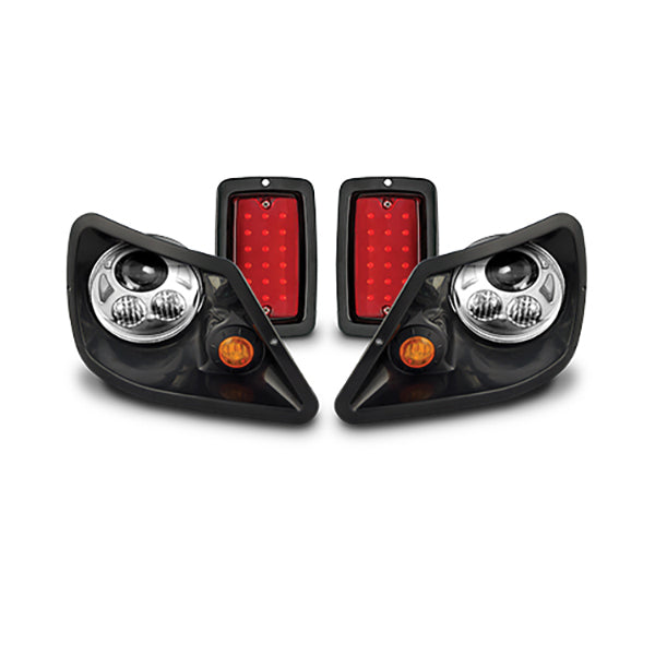 Redhawk DoubleTake Spartan/Titan Deluxe LED Light Kit installed on E-Z-Go TXT 94+ and Club Car DS 00+ golf carts, with LED headlights and taillights.
