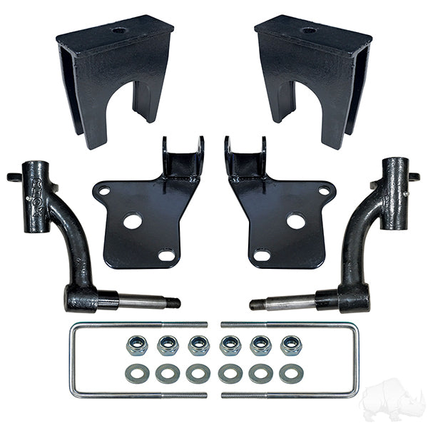 Redhawk RHOX 6-inch drop spindle lift kit for E-Z-GO RXV electric golf carts, featuring durable steel components and precise installation.