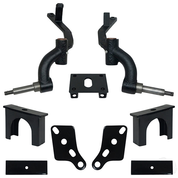 Redhawk RHOX 3-inch drop spindle lift kit for Club Car DS gas and electric models 03.5-09, showing assembled spindles and suspension components.